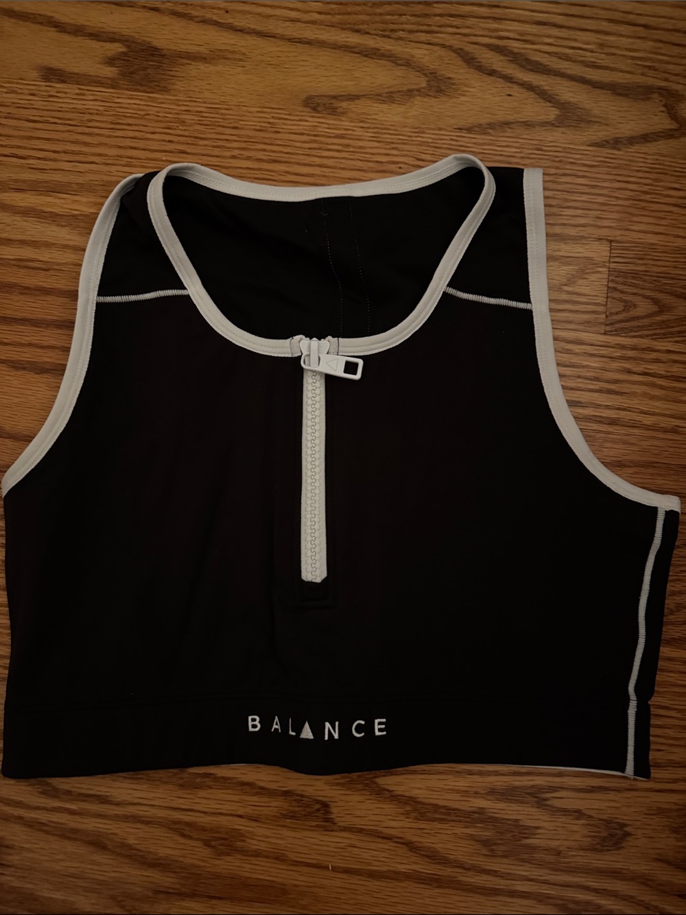 Balance Athletica Black Sports Bra with White Trim & Front Zip